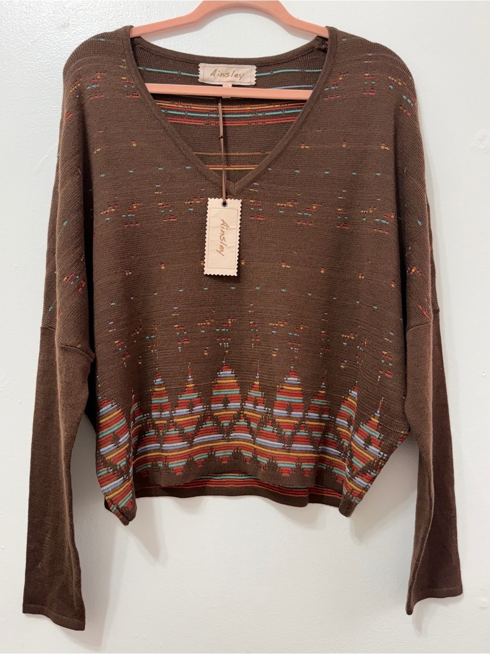 NWT Ainsley Chocolate Brown V-Neck Knit with Colorful Striped Hem
